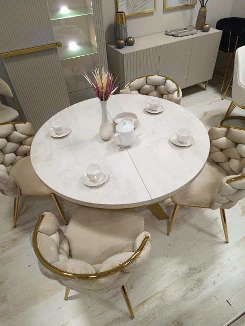 Okrągły stół NARVIC rozkładany duży wybór kolorów / złoty stelaż + krzesło Elira K47-FX