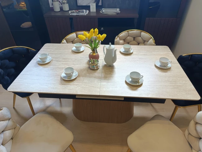 STÓŁ CERAMICZNY MONACO BEŻ TRAVERTINE / DĄB 160(200)X90