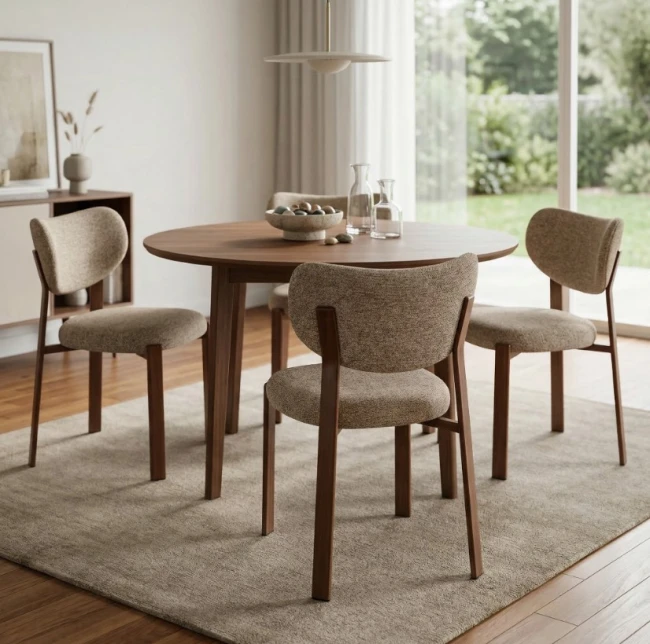 krzesło tapicerowane do jadalni w stylu japandi Rin D stelaż orzech tapicerka beżowa Signal.jpg