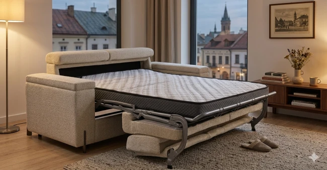 Sofa ELITE 2SFBK ze stelażem włoskim (spanie na materacu) z pojemnikiem w bokach Libro