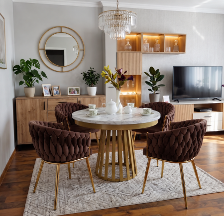 Krzesło tapicerowane plecione ROSE GOLD K7-FX brązowe (Riviera 28)/ złoty stelaż Furnitex