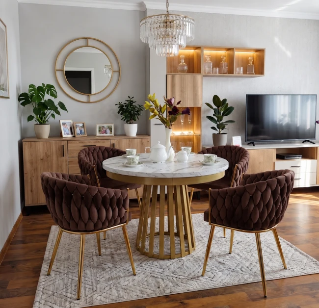 Krzesło tapicerowane plecione ROSE GOLD K7-FX brązowe (Riviera 28)/ złoty stelaż Furnitex