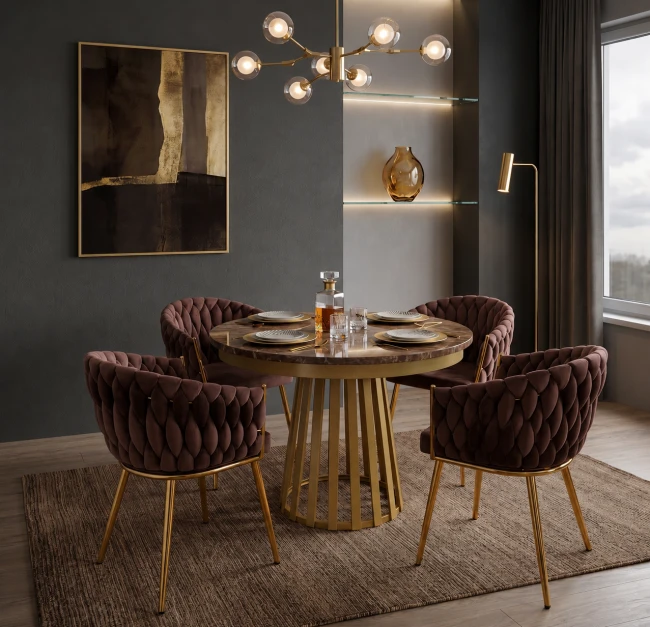 Krzesło tapicerowane plecione ROSE GOLD K7-FX mokka brąz (Riviera 26)/ złoty stelaż Furnitex
