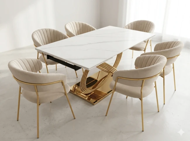 Hermes II i Glam Gold Stół ceramiczny rozkładany + 6 krzeseł tapicerowanych