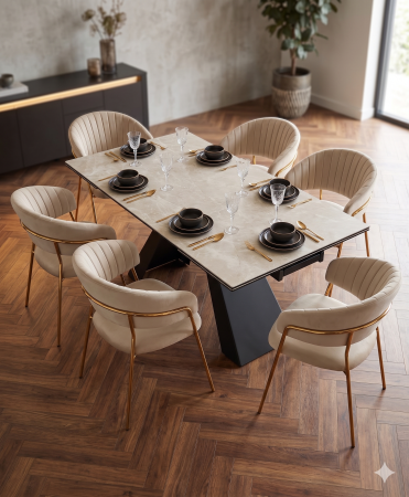 Salvadore i Glam Gold Stół ceramiczny rozkładany i 6 krzeseł tapicerowanych