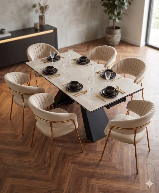 Salvadore i Glam Gold Stół ceramiczny rozkładany i 6 krzeseł tapicerowanych