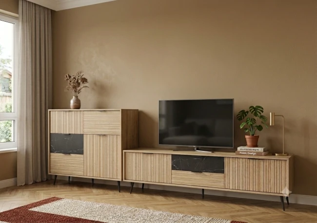 Szafka RTV Greco GRE-TV180 dąb cremona / czarny marmur 180 cm