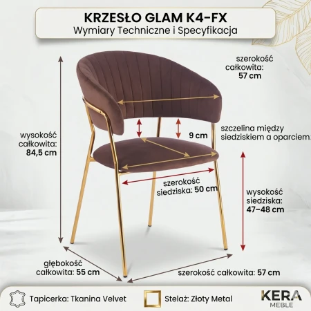 Rysunek techniczny z wymiarami krzesła K4-FX GLAM Velvet