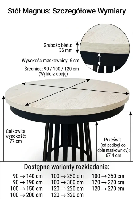Rysunek z wymiarami rozkładanego stołu Magnus ST-75