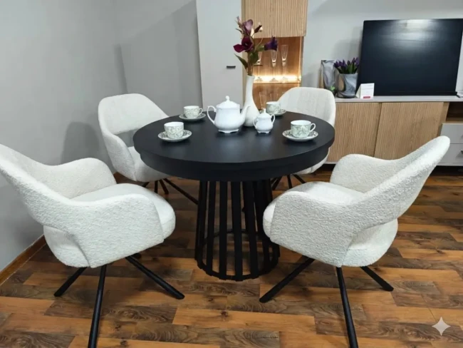 Czarny okrągły stół Magnus ST-75 z białymi krzesłami