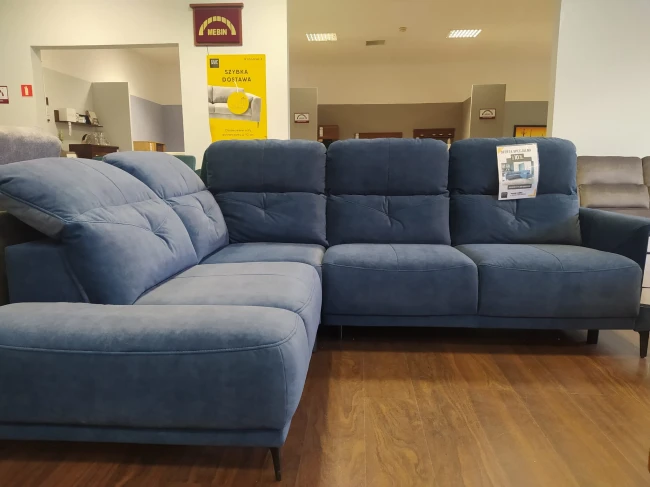 Narożnik Sandra Etap Sofa z regulowanymi zagłówkami tkanina Zoya Kr10703 granatowy z funkcją spania i pojemnikiem na pościel szybka dostawa