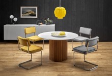 BRUNO stół okrągły z lamelami, biały marmur / orzechowy Halmar