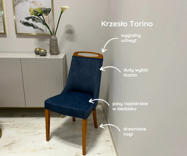 Wygodne nowoczesne dębowe krzesło Torino Bukowski meble w tkaninie zoya granat wybawienie teak