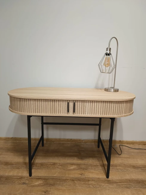 Designerkie biurko lub toaletka z owalnym blatem w naturalnym kolorze na metalowym stelażu B51 Halmar