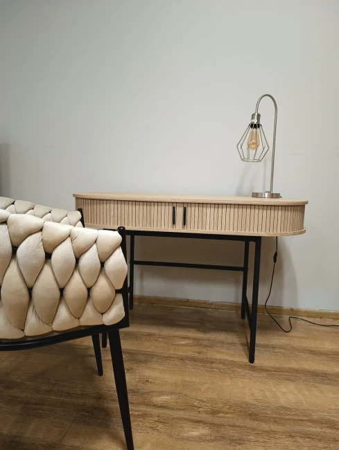 Designerkie biurko lub toaletka z owalnym blatem w naturalnym kolorze na metalowym stelażu B51 Halmar