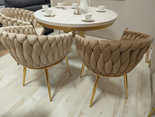 Krzesło tapicerowane plecione ROSE GOLD K7-FX cappucino (ciemny beż) / złoty stelaż