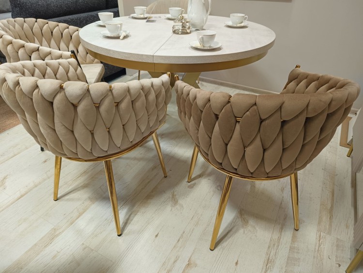 Krzesło tapicerowane plecione ROSE GOLD K7-FX cappucino (ciemny beż) / złoty stelaż