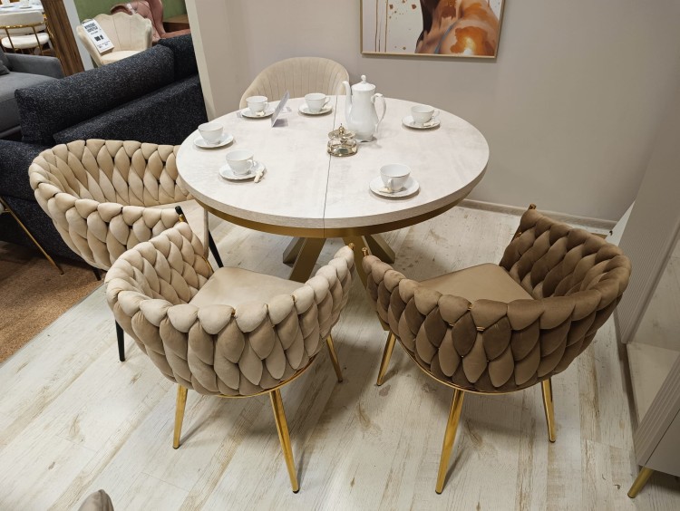 Krzesło tapicerowane plecione ROSE GOLD K7-FX cappucino (ciemny beż) / złoty stelaż