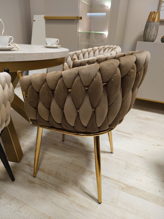 Krzesło tapicerowane plecione ROSE GOLD K7-FX cappucino (ciemny beż) / złoty stelaż