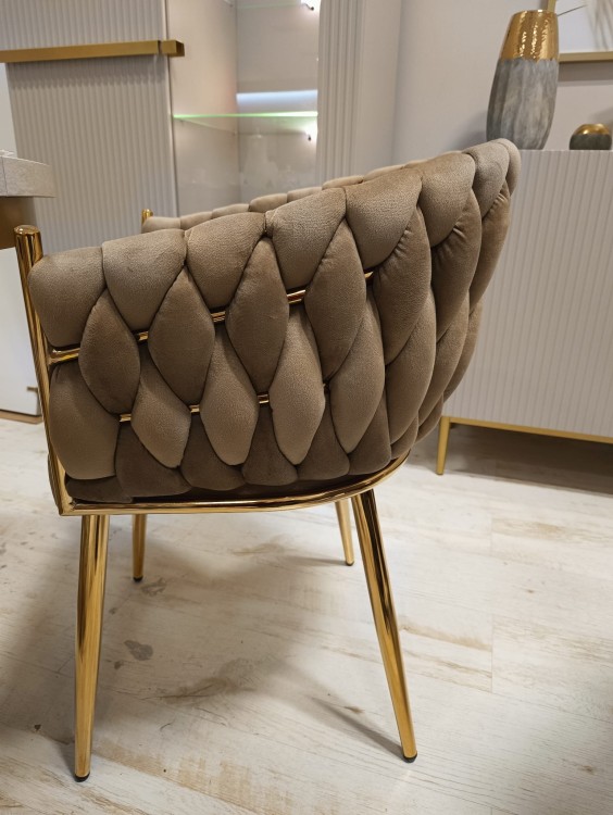 Krzesło tapicerowane plecione ROSE GOLD K7-FX cappucino (ciemny beż) / złoty stelaż