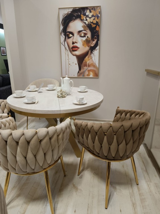 Krzesło tapicerowane plecione ROSE GOLD K7-FX cappucino (ciemny beż) / złoty stelaż