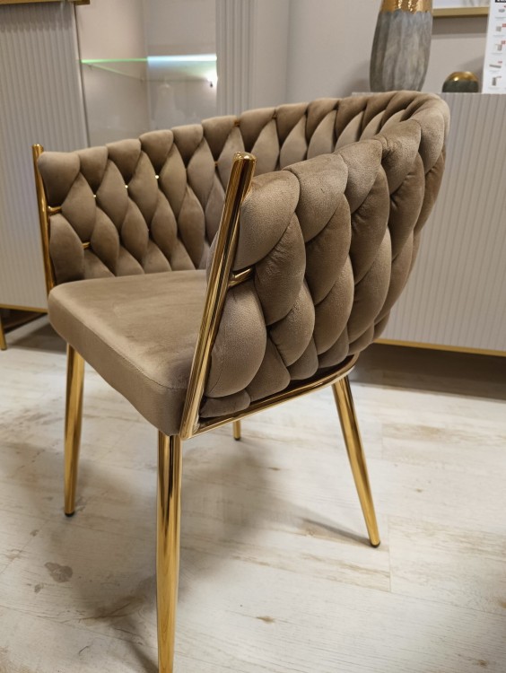 Krzesło tapicerowane plecione ROSE GOLD K7-FX cappucino (ciemny beż) / złoty stelaż