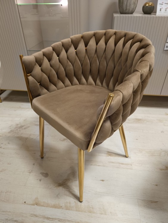 Krzesło tapicerowane plecione ROSE GOLD K7-FX cappucino (ciemny beż) / złoty stelaż